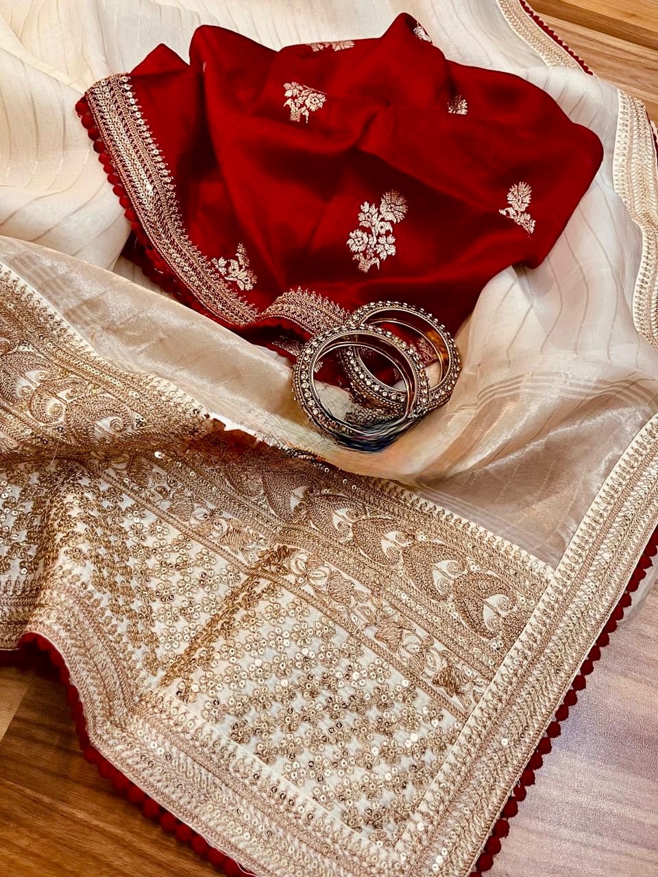 Zardozi Stripe Organza Silk Designer Saree