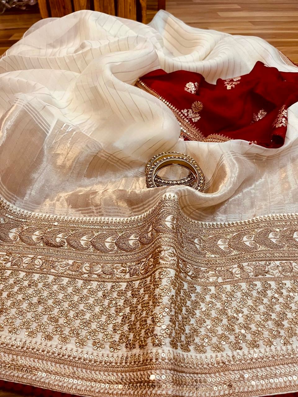 Zardozi Stripe Organza Silk Designer Saree