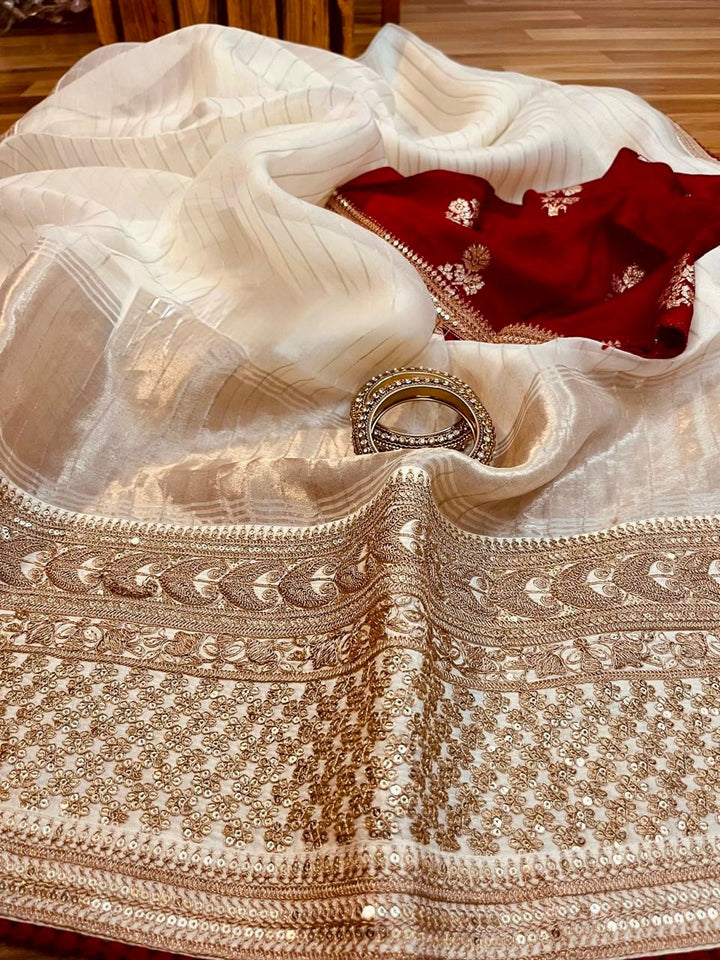 Zardozi Stripe Organza Silk Designer Saree