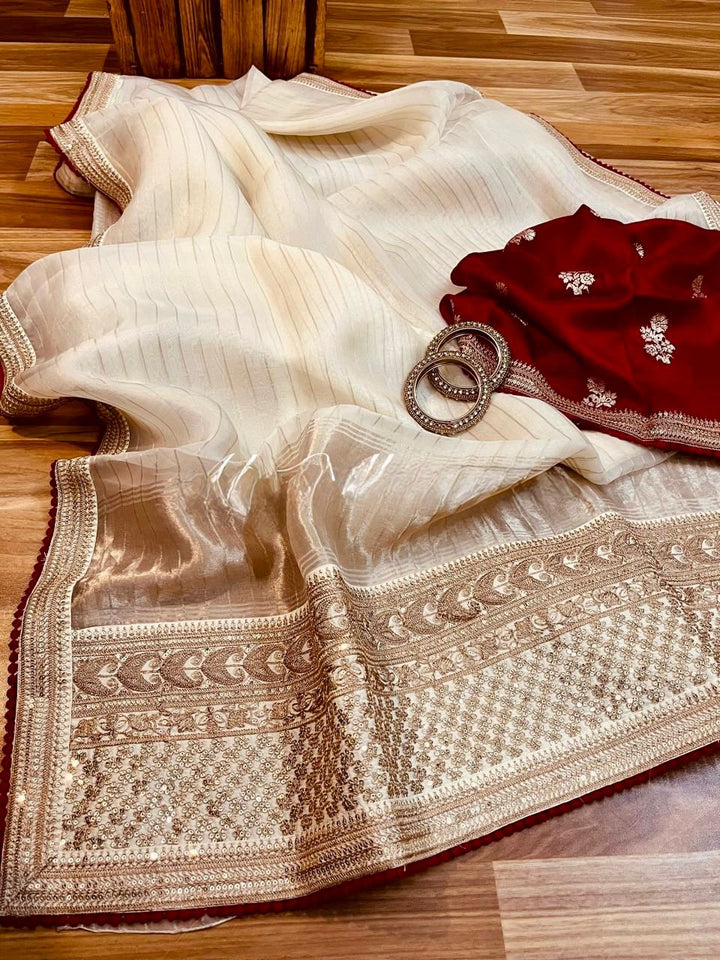 Zardozi Stripe Organza Silk Designer Saree