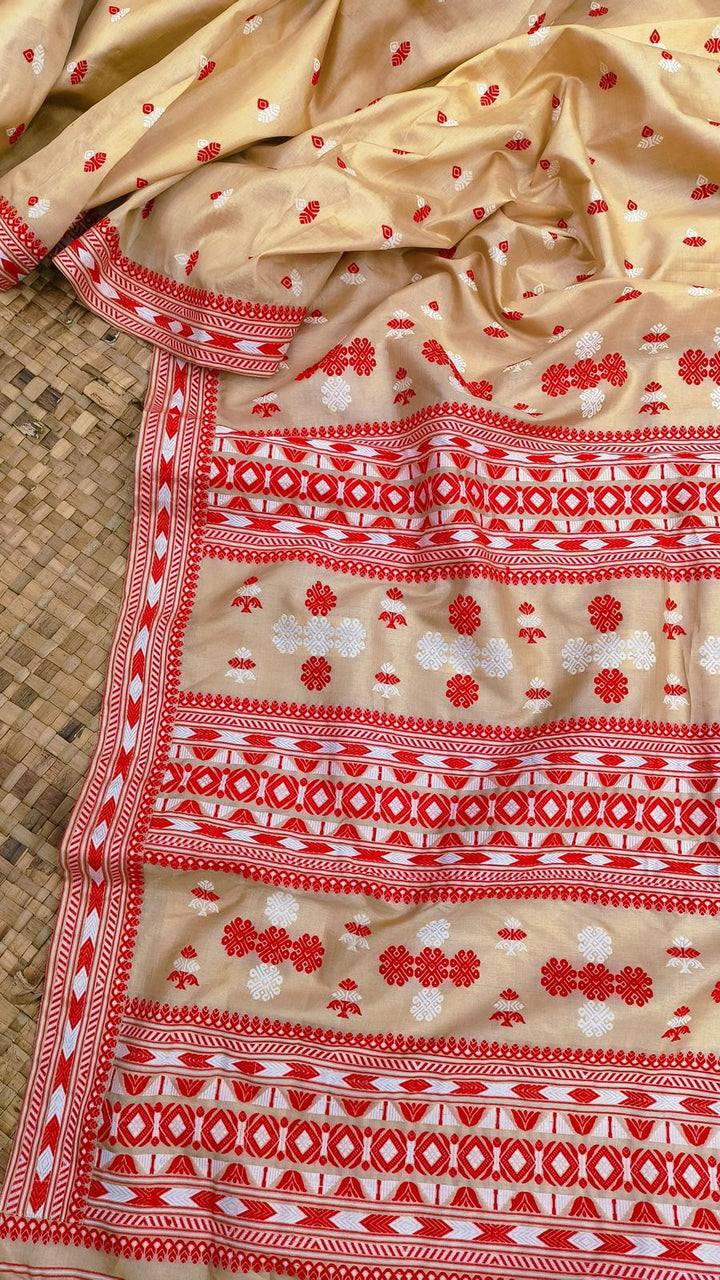 Beige Red Classic Assam Tussar Silk Saree