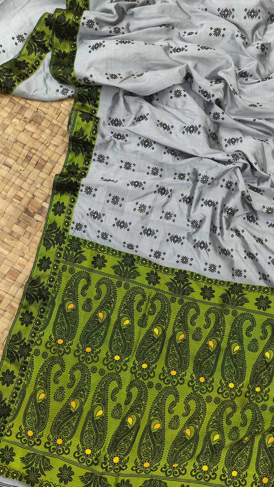 Rare Grey Contrast Pure Assam Silk Saree