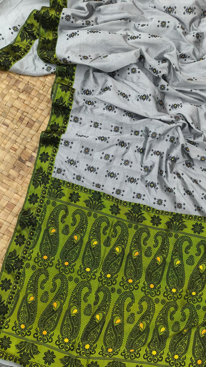 Rare Grey Contrast Pure Assam Silk Saree