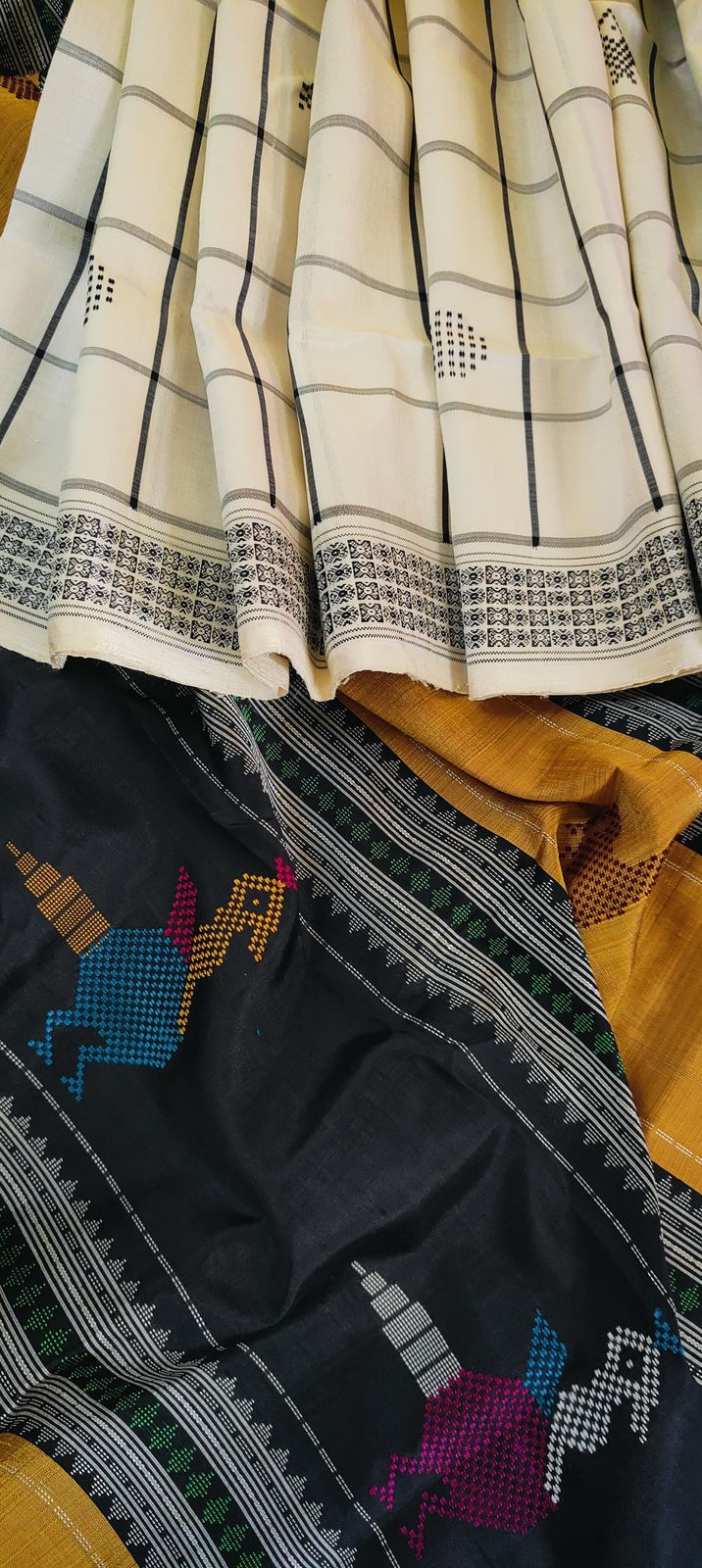 Noir Checkered Double Pallu Berhampuri Silk Saree