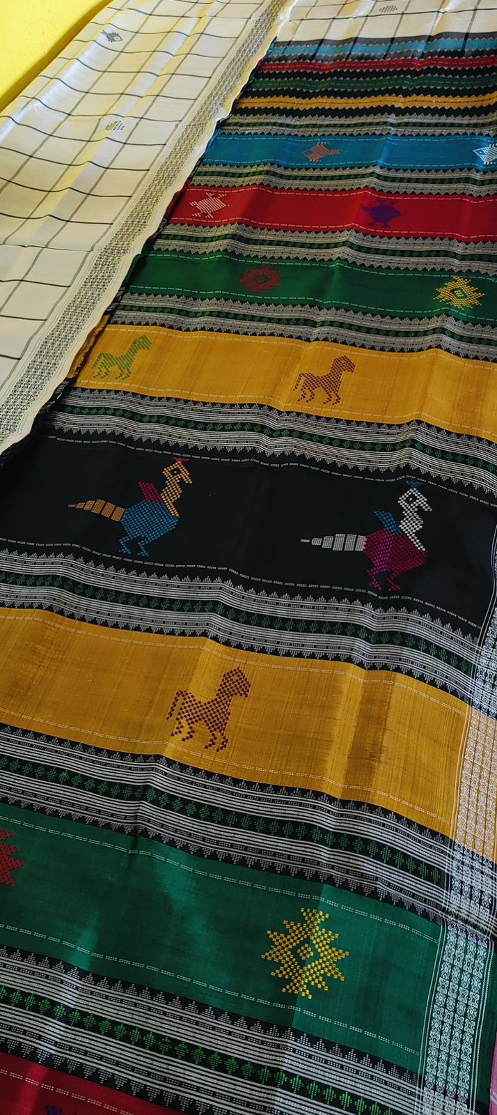 Noir Checkered Double Pallu Berhampuri Silk Saree