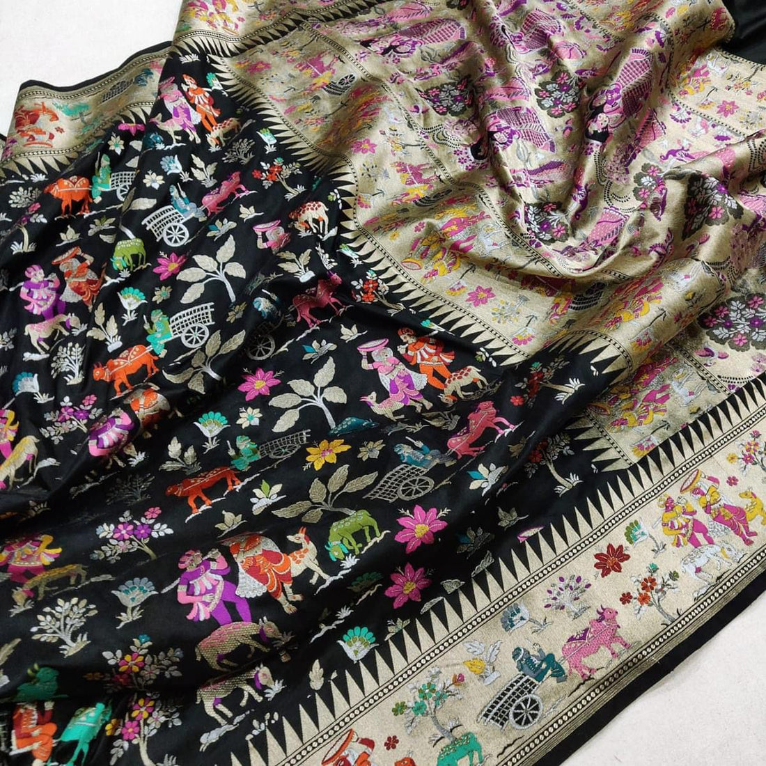 Black Meenakari Village Motif Banarasi Katan Silk Saree