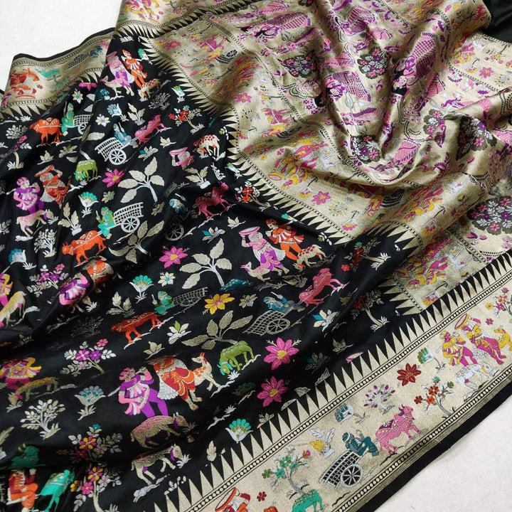 Black Meenakari Village Motif Banarasi Katan Silk Saree