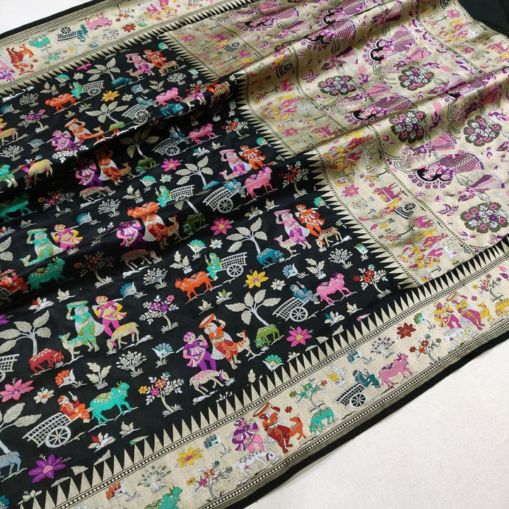 Black Meenakari Village Motif Banarasi Katan Silk Saree