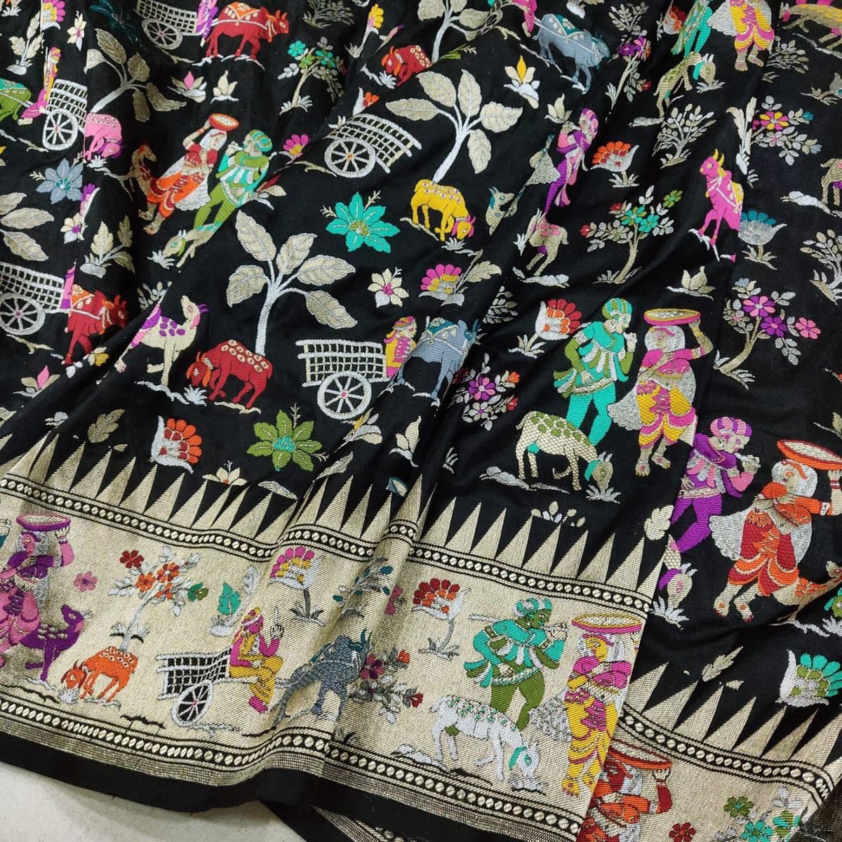 Black Meenakari Village Motif Banarasi Katan Silk Saree