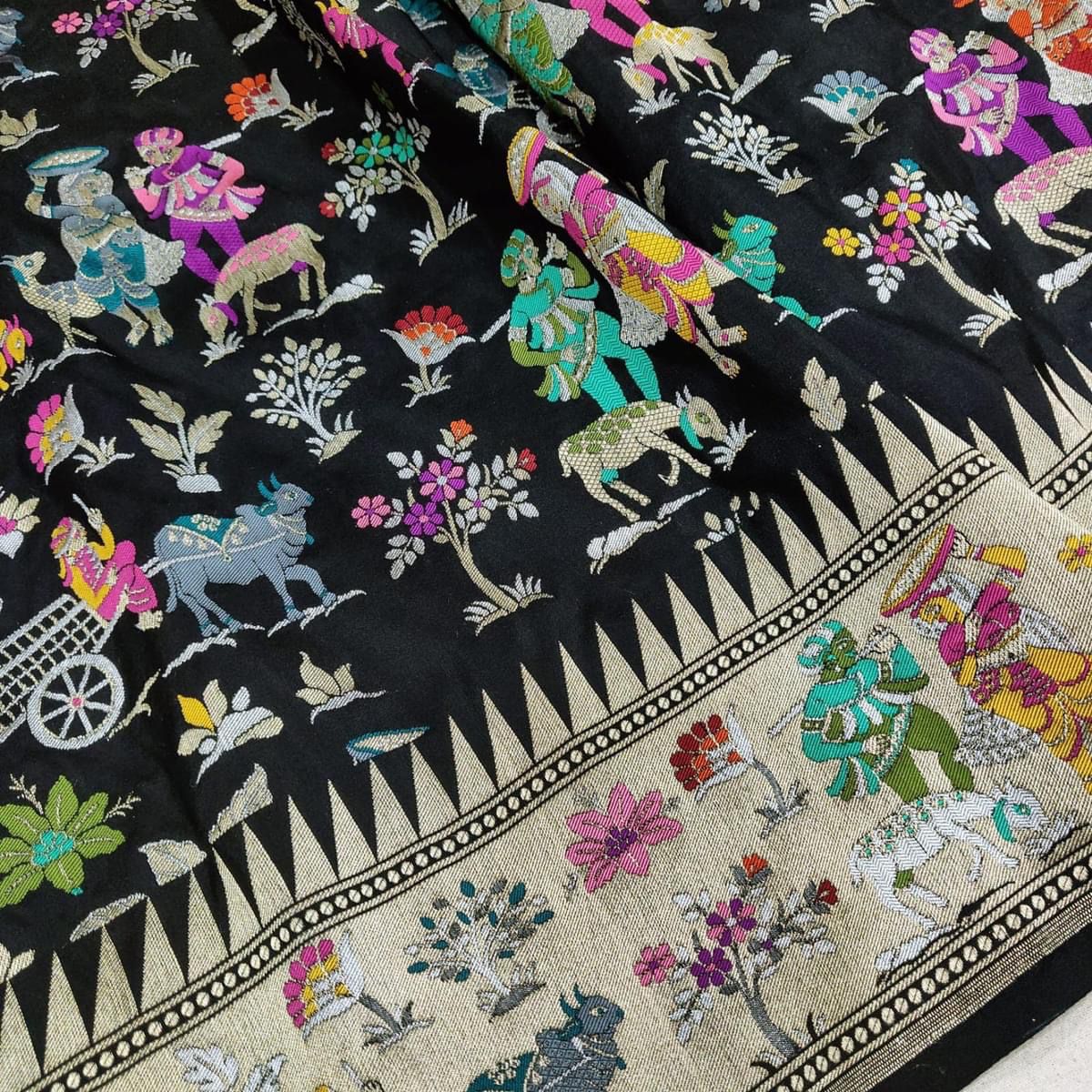 Black Meenakari Village Motif Banarasi Katan Silk Saree