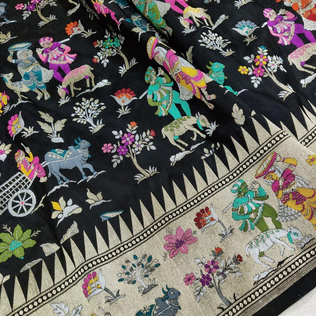 Black Meenakari Village Motif Banarasi Katan Silk Saree