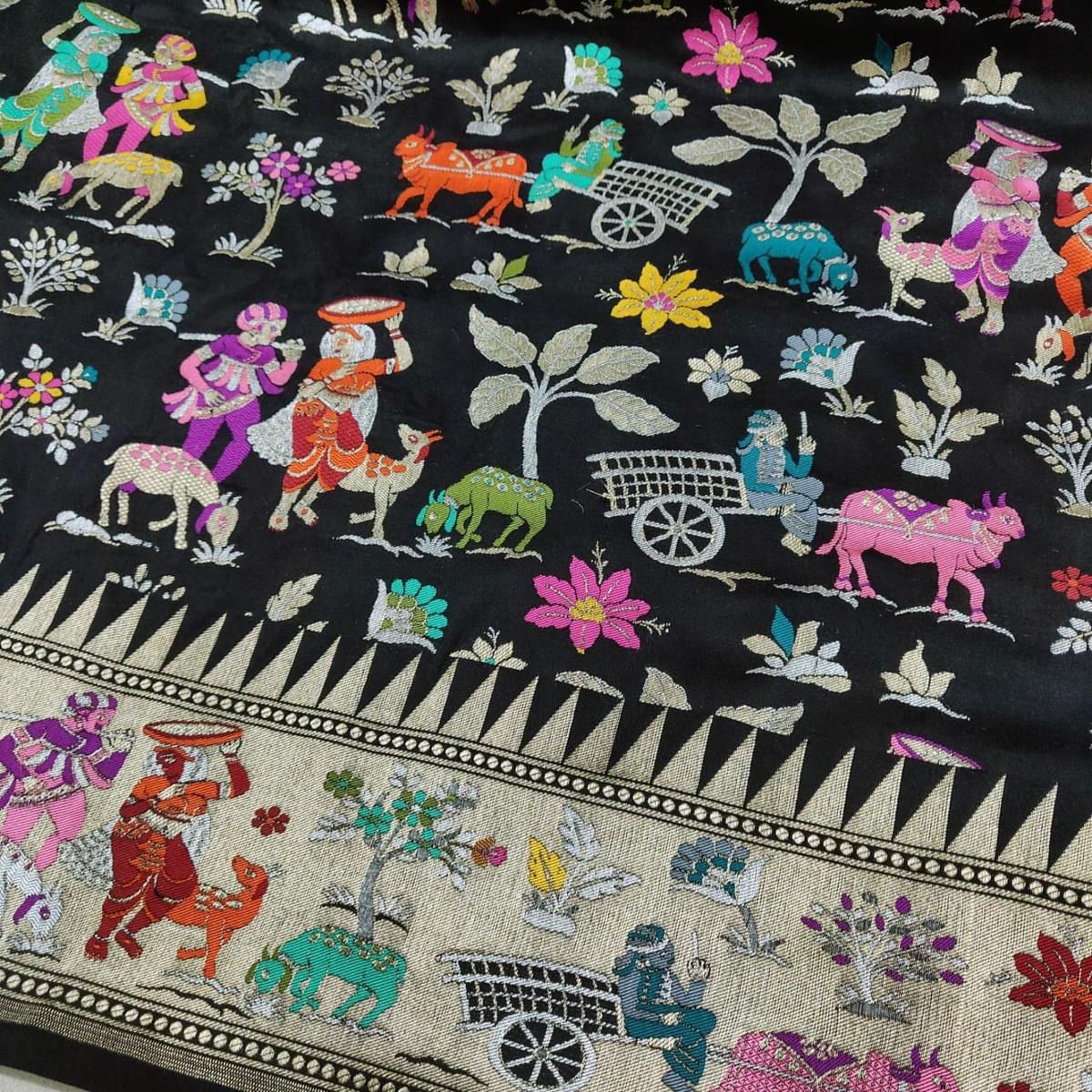 Black Meenakari Village Motif Banarasi Katan Silk Saree