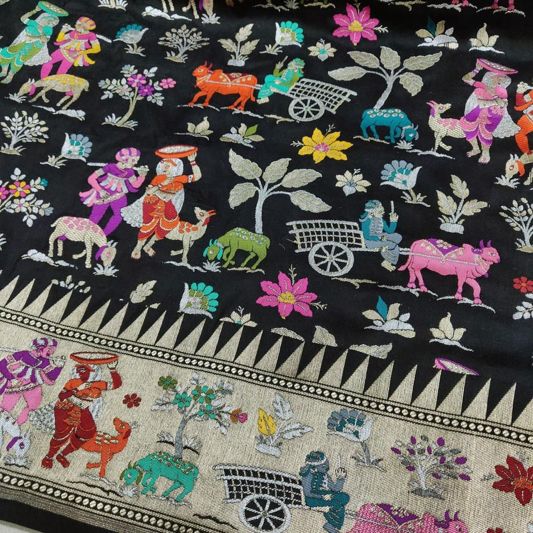 Black Meenakari Village Motif Banarasi Katan Silk Saree