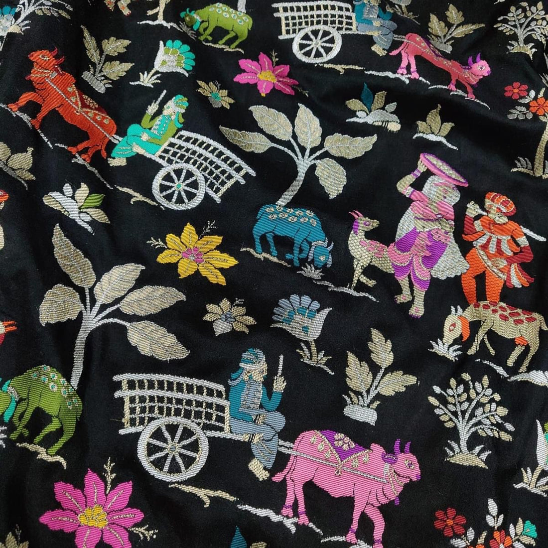 Black Meenakari Village Motif Banarasi Katan Silk Saree