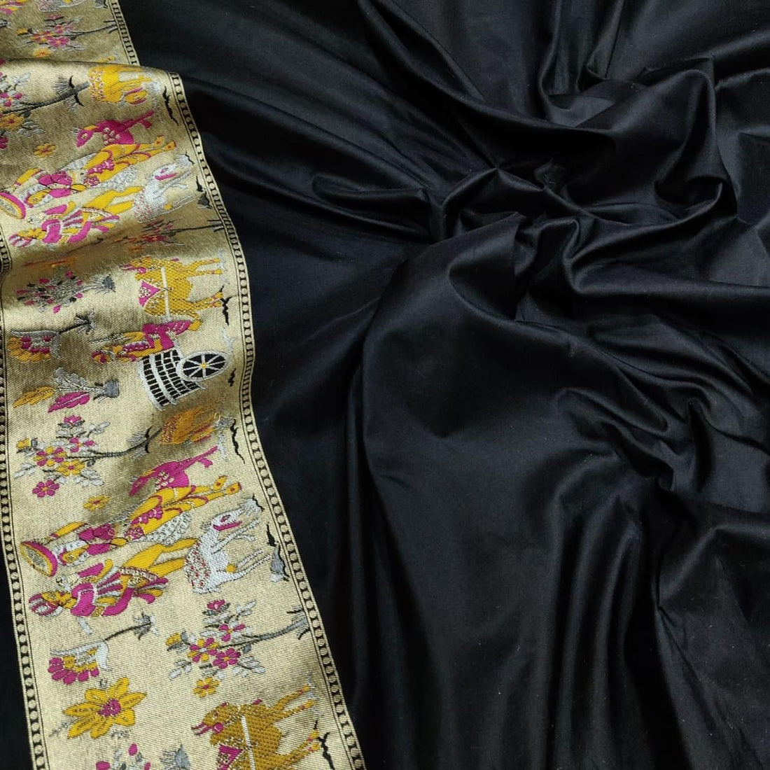Black Meenakari Village Motif Banarasi Katan Silk Saree