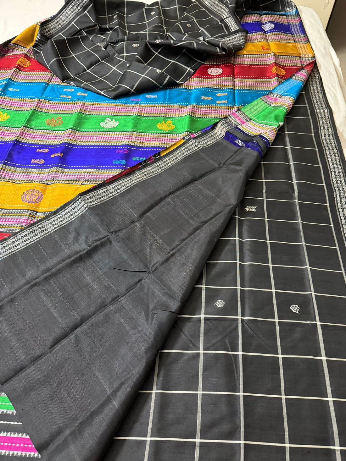 Midnight Checks Double Pallu Berhampuri Silk Saree