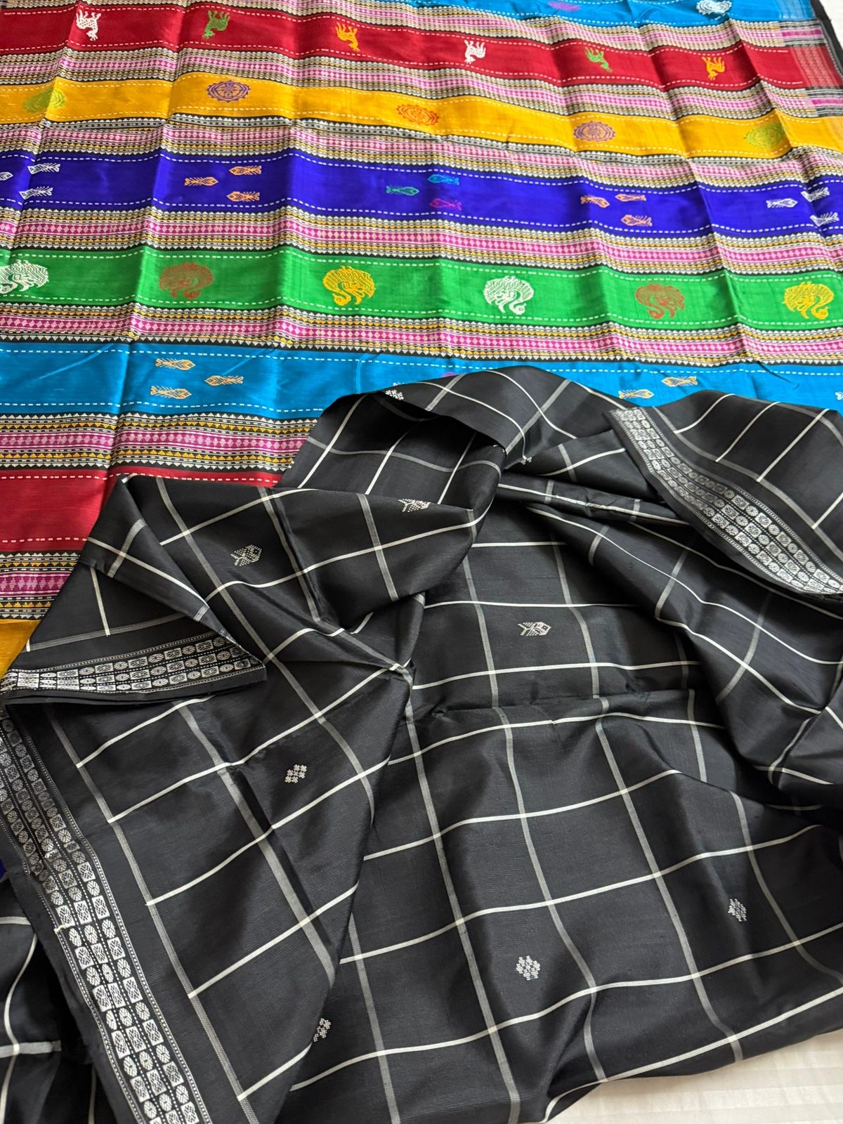 Midnight Checks Double Pallu Berhampuri Silk Saree