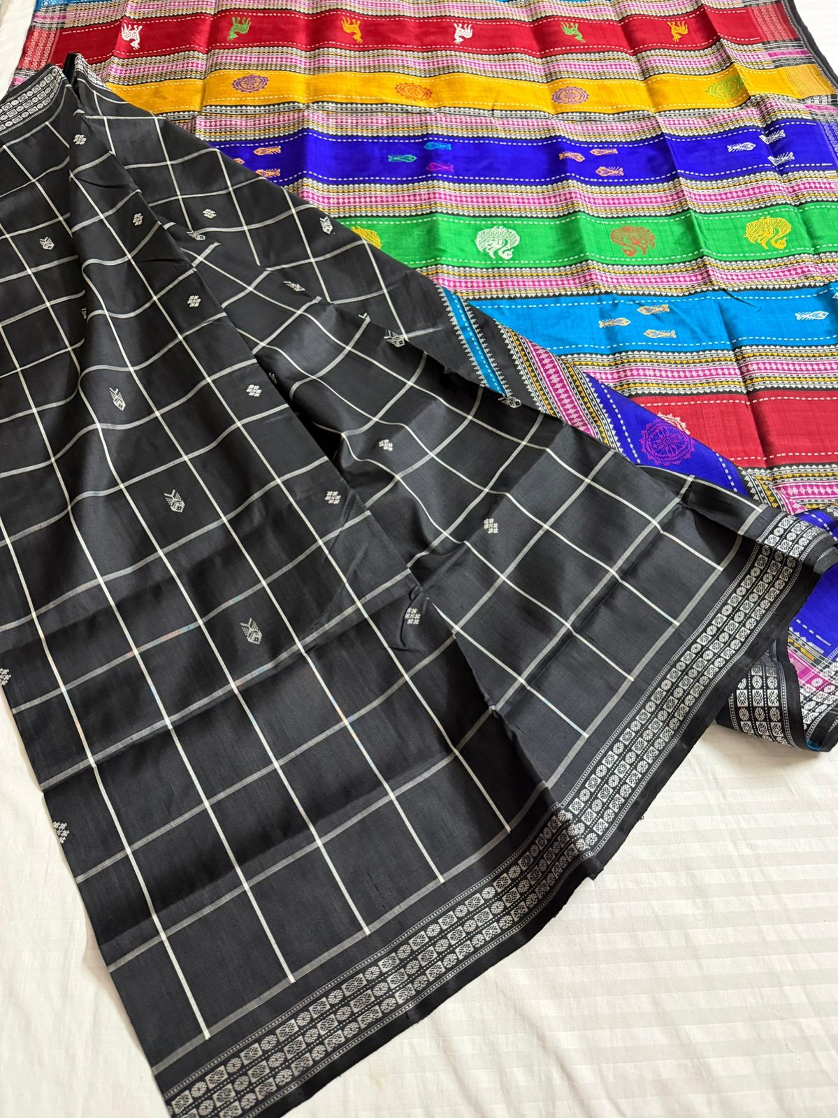 Midnight Checks Double Pallu Berhampuri Silk Saree