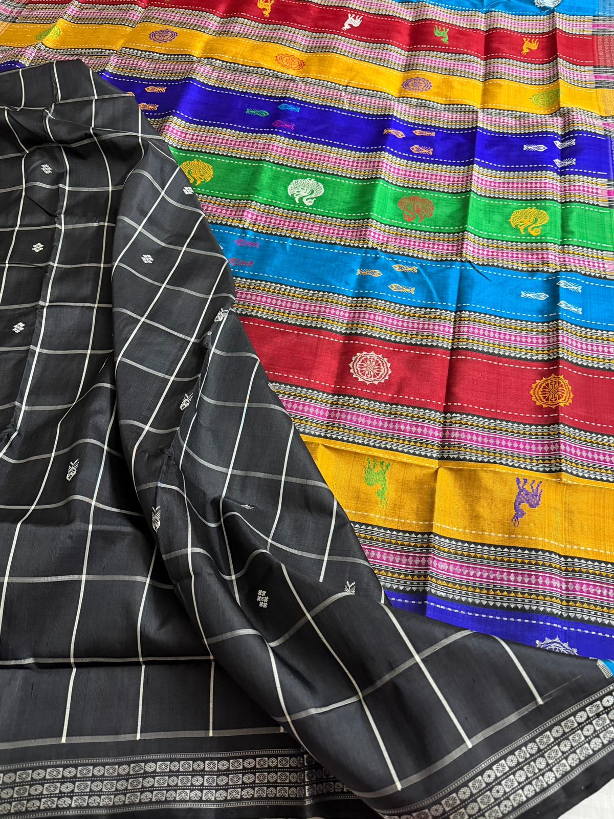 Midnight Checks Double Pallu Berhampuri Silk Saree