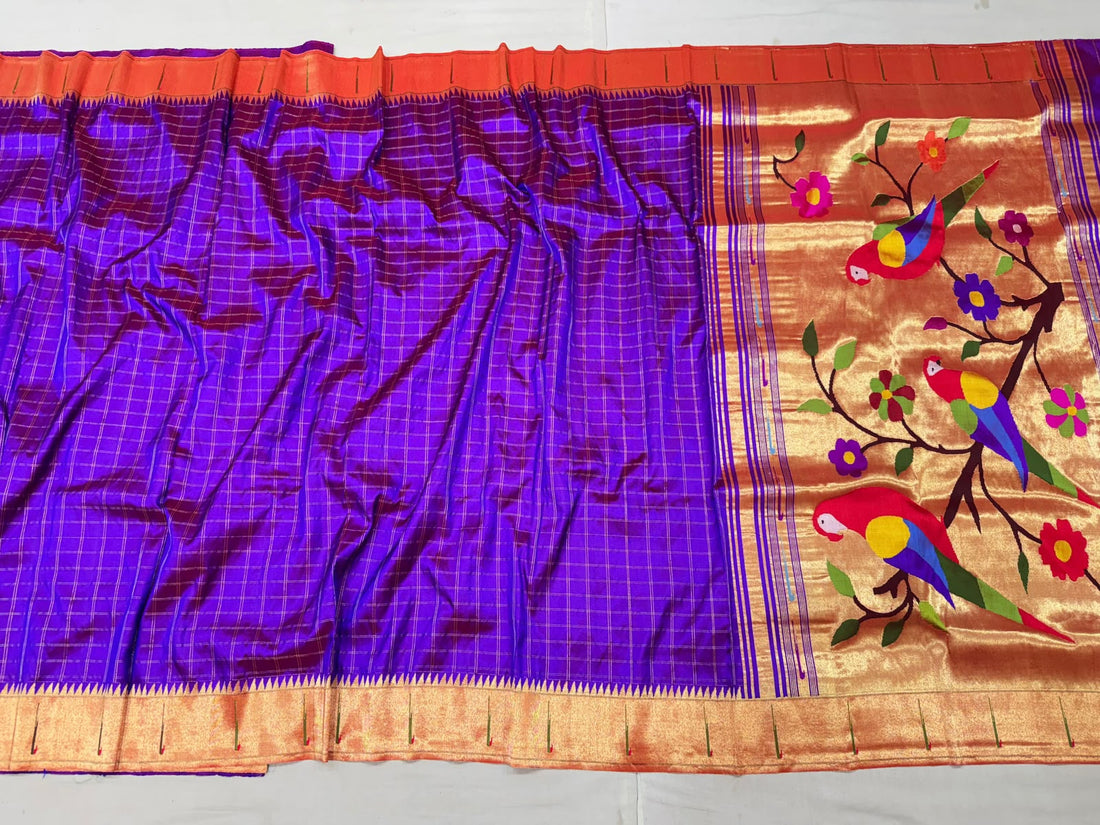Pure silk Handwoven checkered muniya border Paithani with parrot pallu