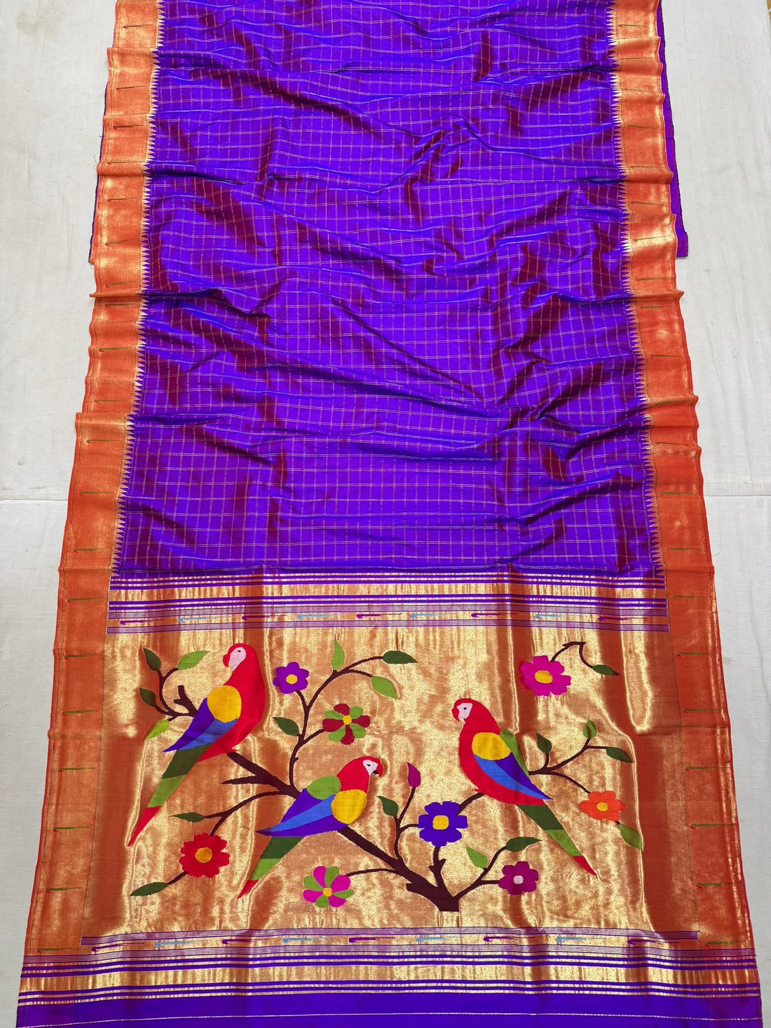 Pure silk Handwoven checkered muniya border Paithani with parrot pallu