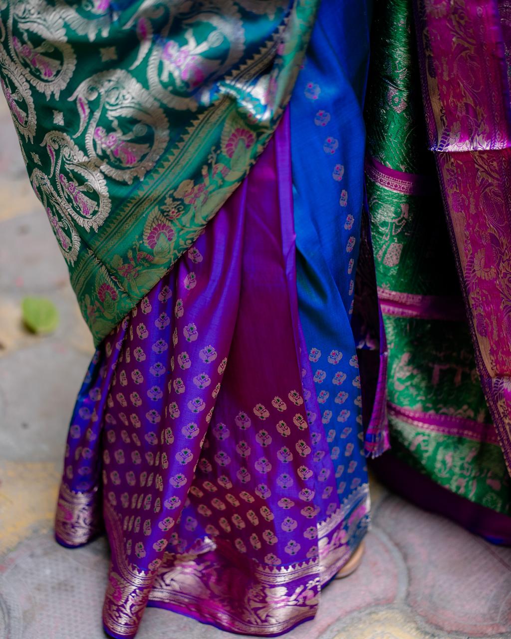 Exclusive Dual-Tone Pure Silk Swarnochuri Saree with Ramayana Pallu