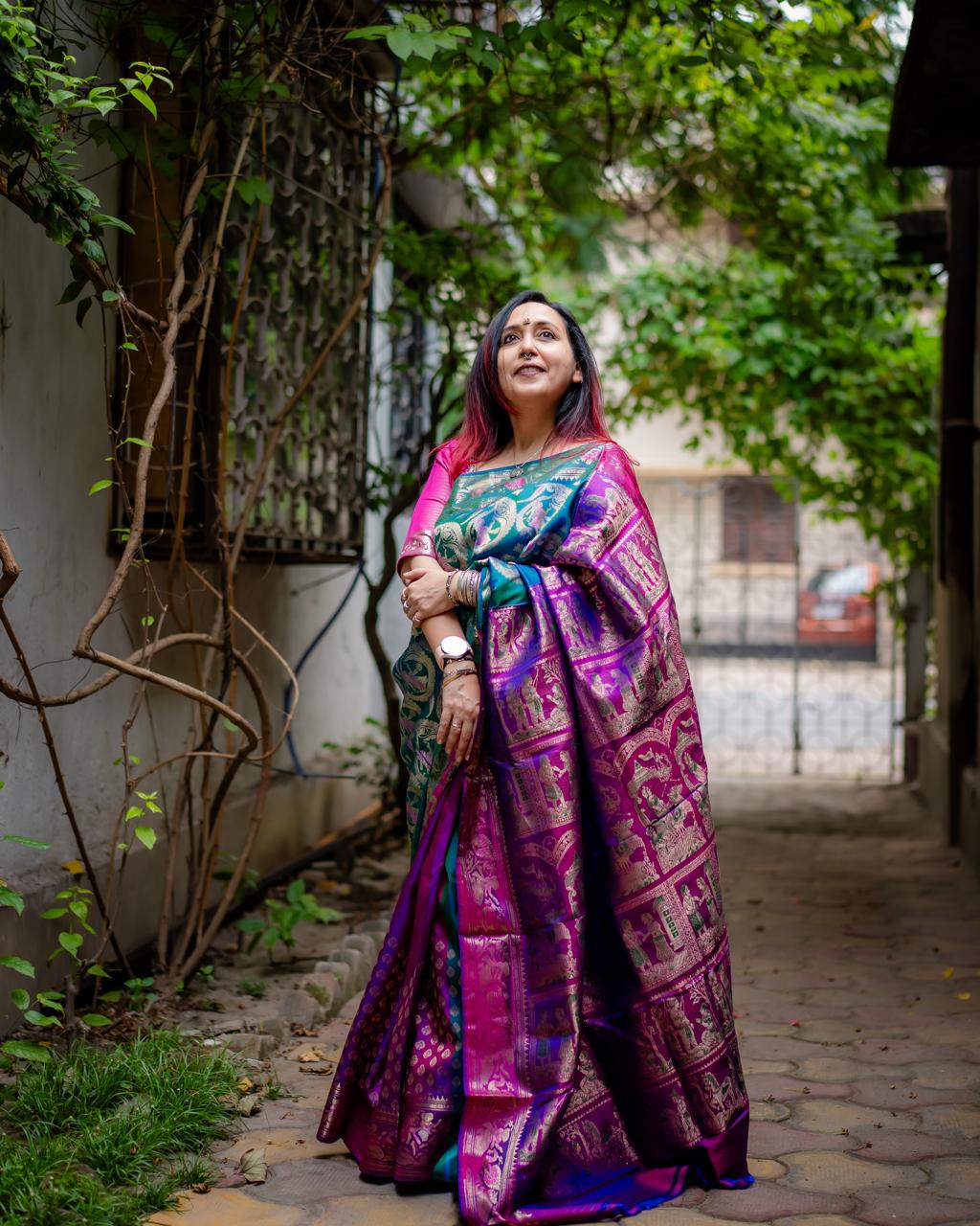 Exclusive Dual-Tone Pure Silk Swarnochuri Saree with Ramayana Pallu