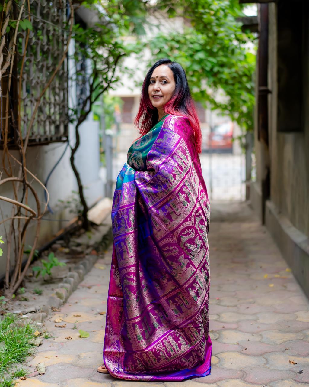 Exclusive Dual-Tone Pure Silk Swarnochuri Saree with Ramayana Pallu