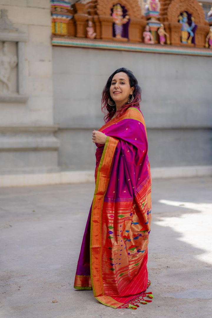 Dual Tone Pure Silk Handwoven Paithani Saree with 7-Peacock Pallu