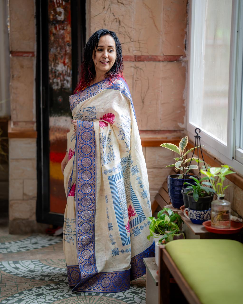 Handcrafted Pure Gicha Silk Hand Block Print Saree with Banarasi Border