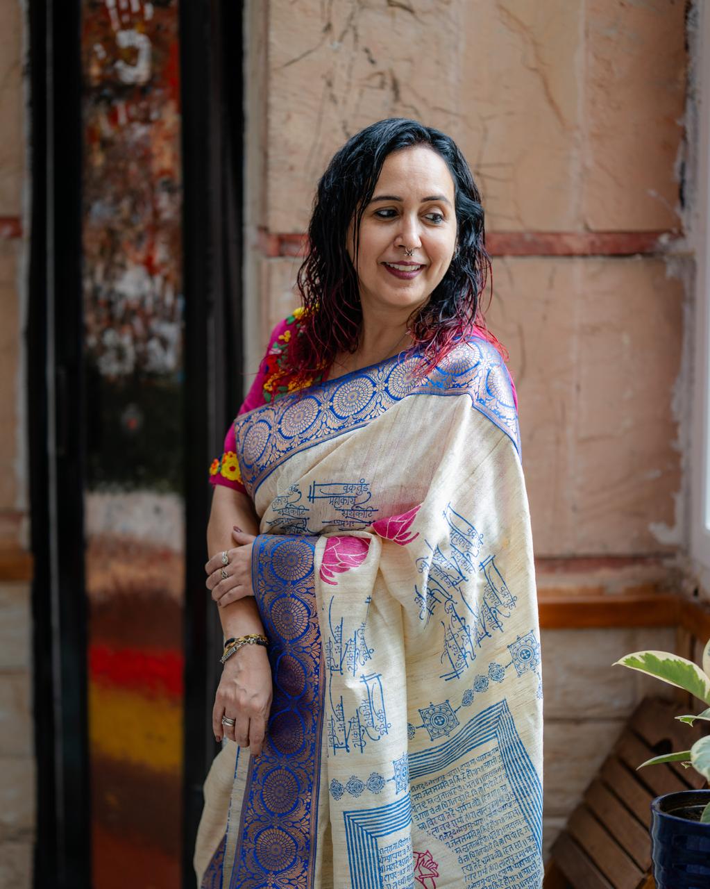 Handcrafted Pure Gicha Silk Hand Block Print Saree with Banarasi Border