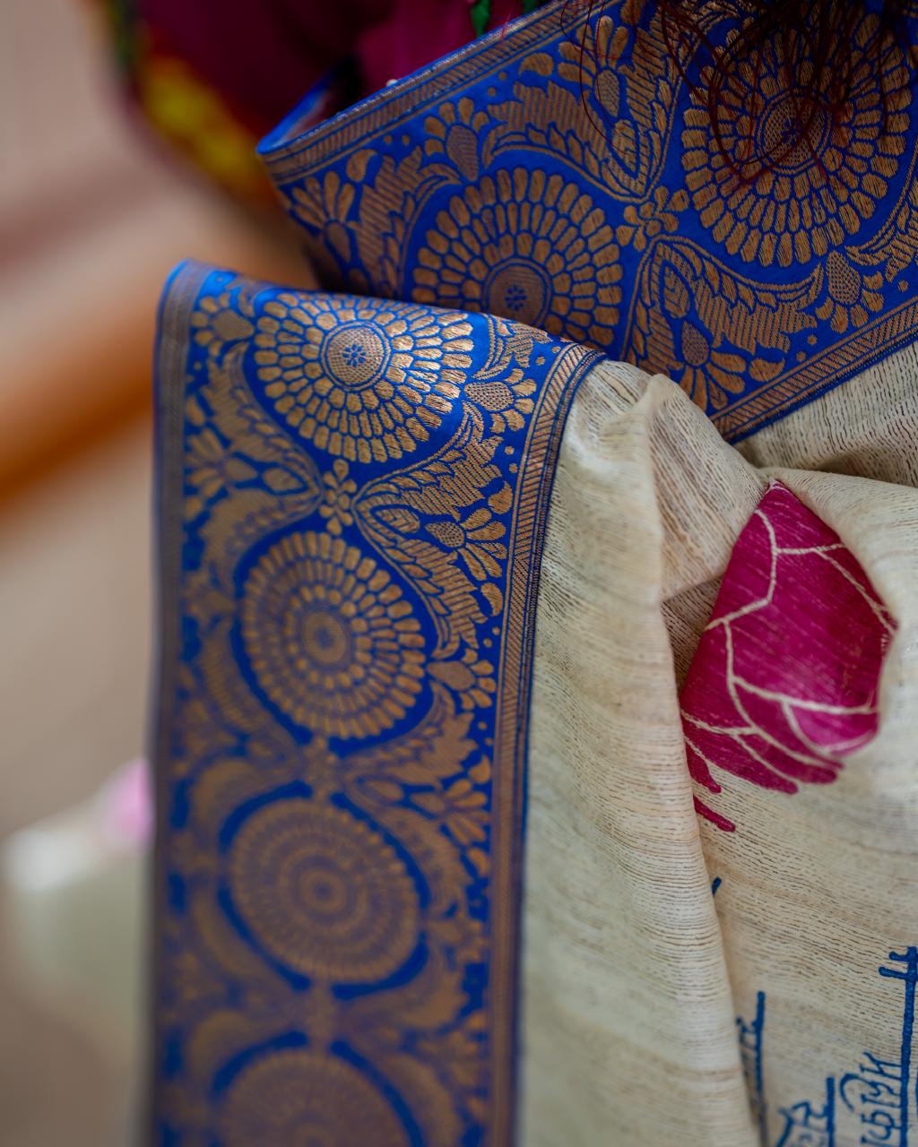 Handcrafted Pure Gicha Silk Hand Block Print Saree with Banarasi Border