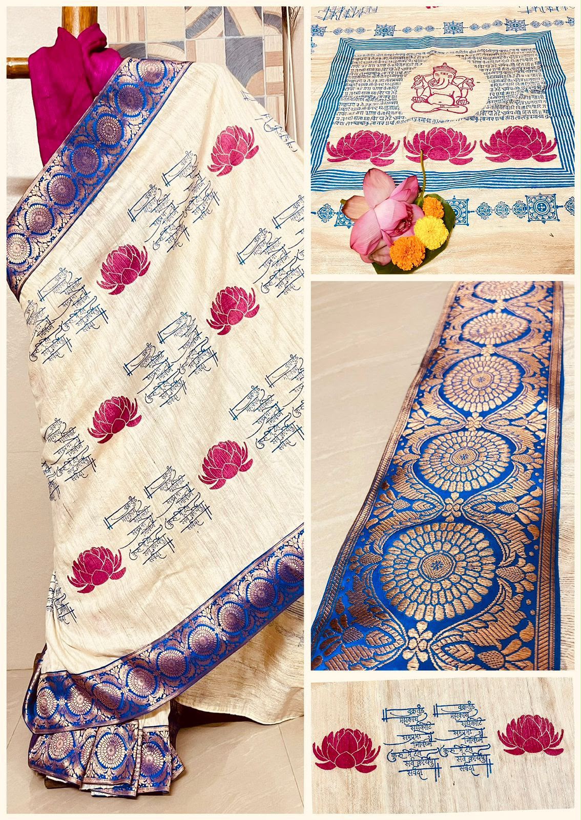 Handcrafted Pure Gicha Silk Hand Block Print Saree with Banarasi Border