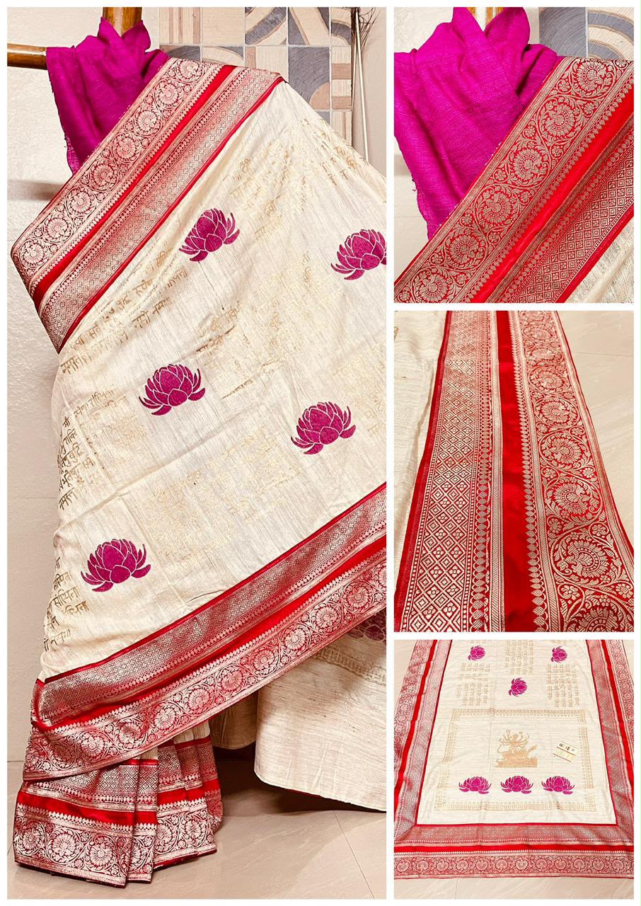 Handcrafted Pure Gicha Silk Hand Block Print Saree with Red Banarasi Border