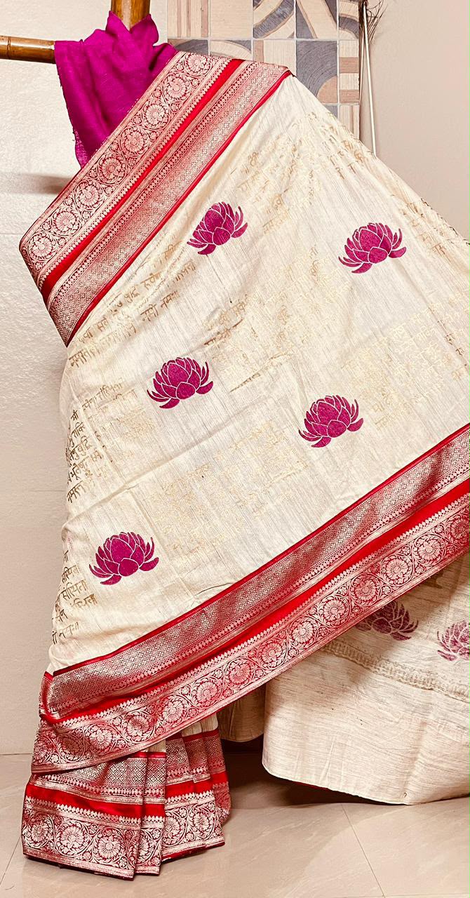 Handcrafted Pure Gicha Silk Hand Block Print Saree with Red Banarasi Border