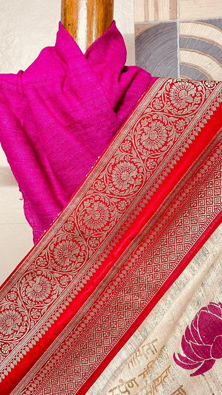 Handcrafted Pure Gicha Silk Hand Block Print Saree with Red Banarasi Border