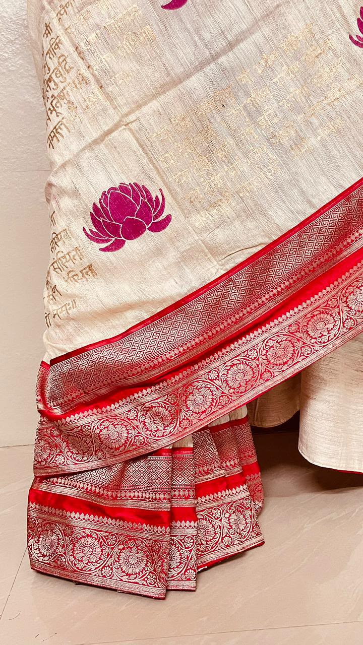 Handcrafted Pure Gicha Silk Hand Block Print Saree with Red Banarasi Border