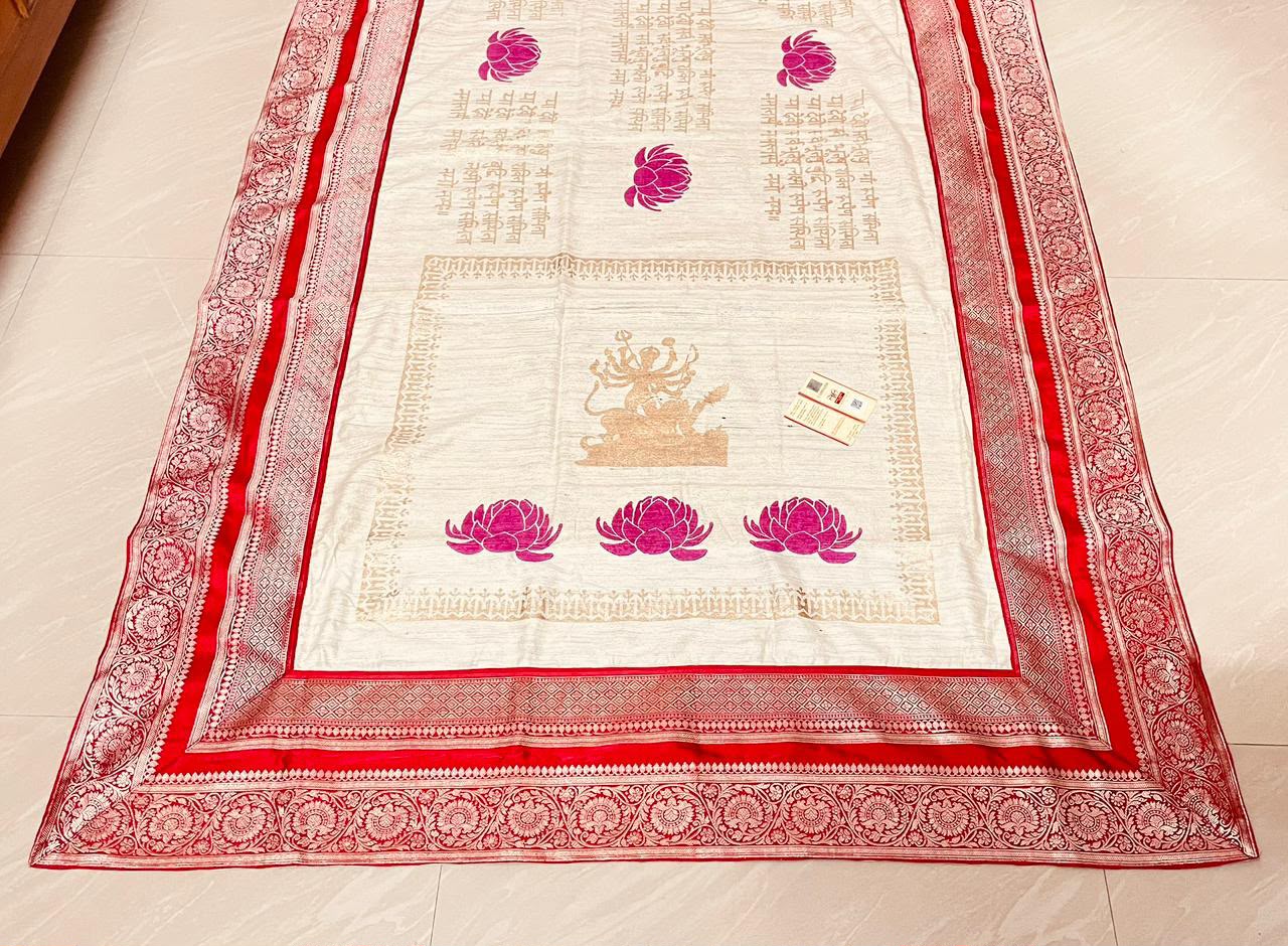 Handcrafted Pure Gicha Silk Hand Block Print Saree with Red Banarasi Border