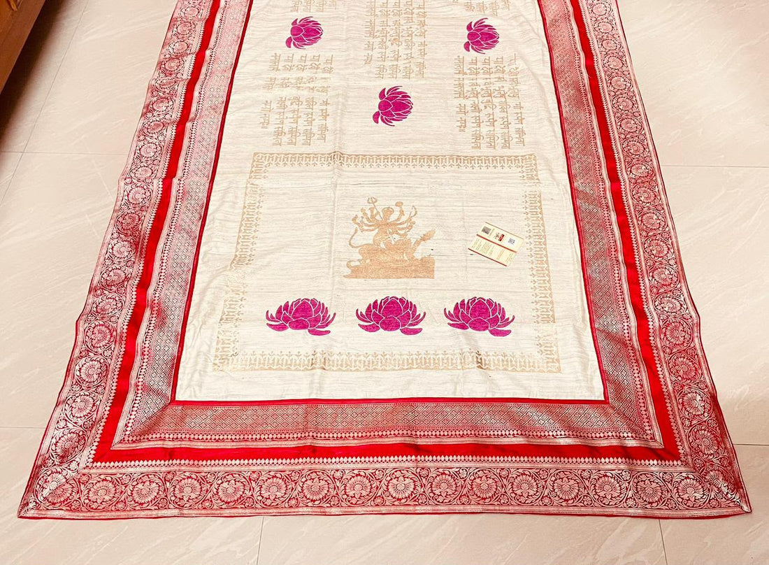 Handcrafted Pure Gicha Silk Hand Block Print Saree with Red Banarasi Border