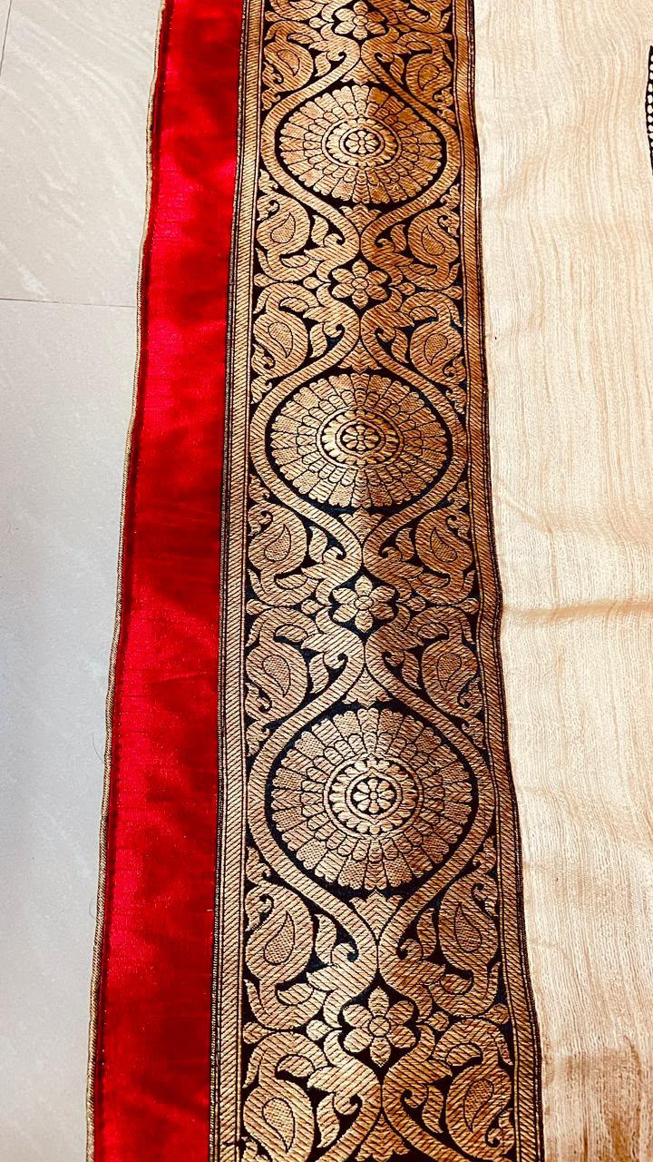 Handcrafted Pure Gicha Silk Sanskrit Hand Block Print Saree with Banarasi Border