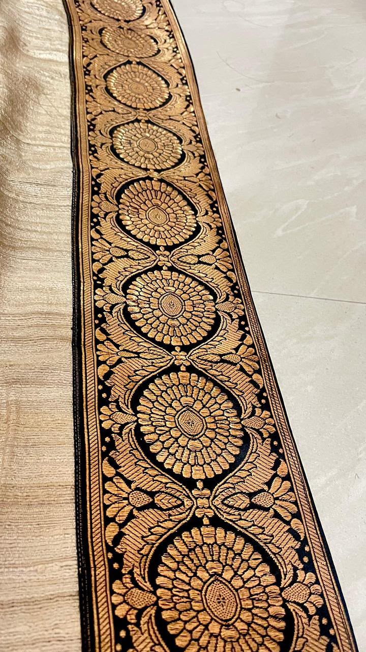 Handcrafted Pure Gicha Silk Sanskrit Block Print Saree with Banarasi Border