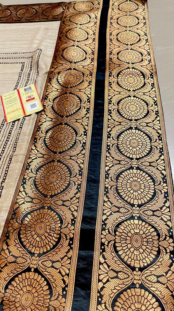 Handcrafted Pure Gicha Silk Sanskrit Block Print Saree with Banarasi Border