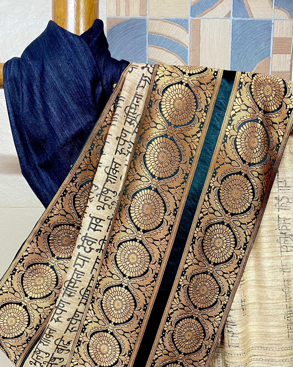 Handcrafted Pure Gicha Silk Sanskrit Block Print Saree with Banarasi Border