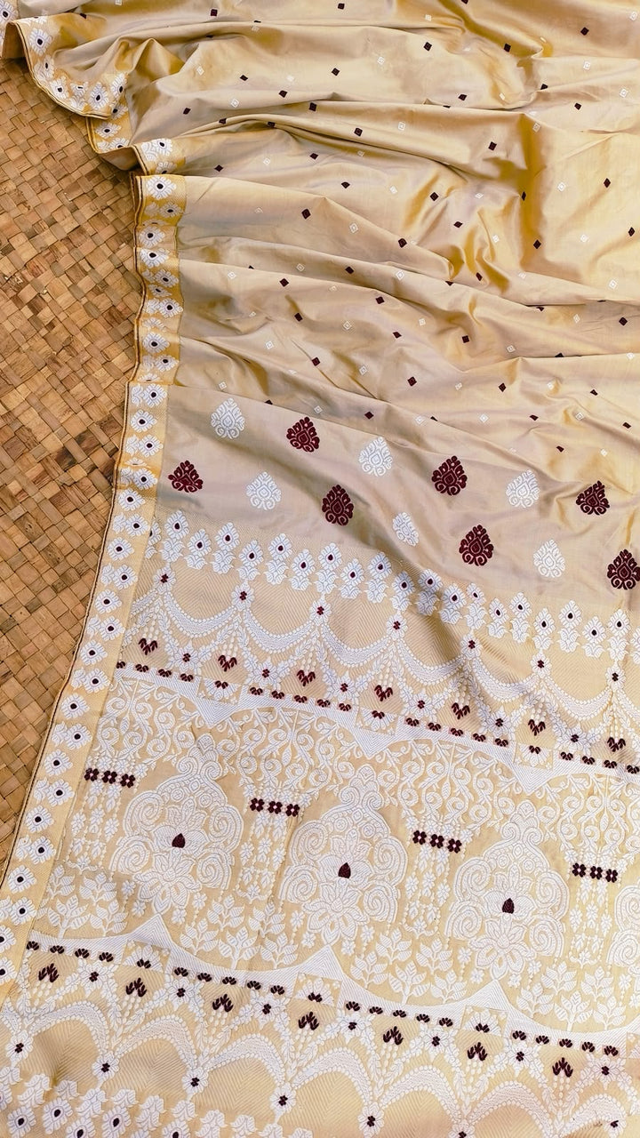 Ivory Meenakari Mulberry Paat Assam Silk Saree