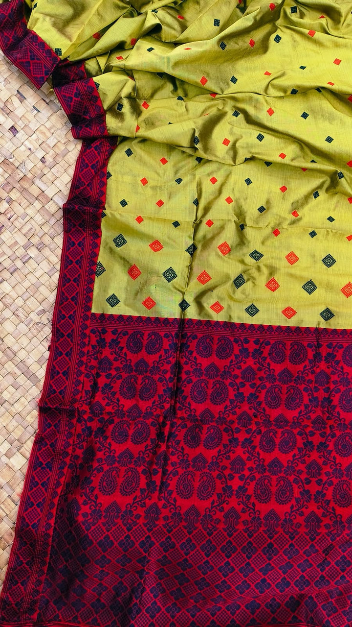Olive Contrast Border Mulberry Paat Assam Silk Saree