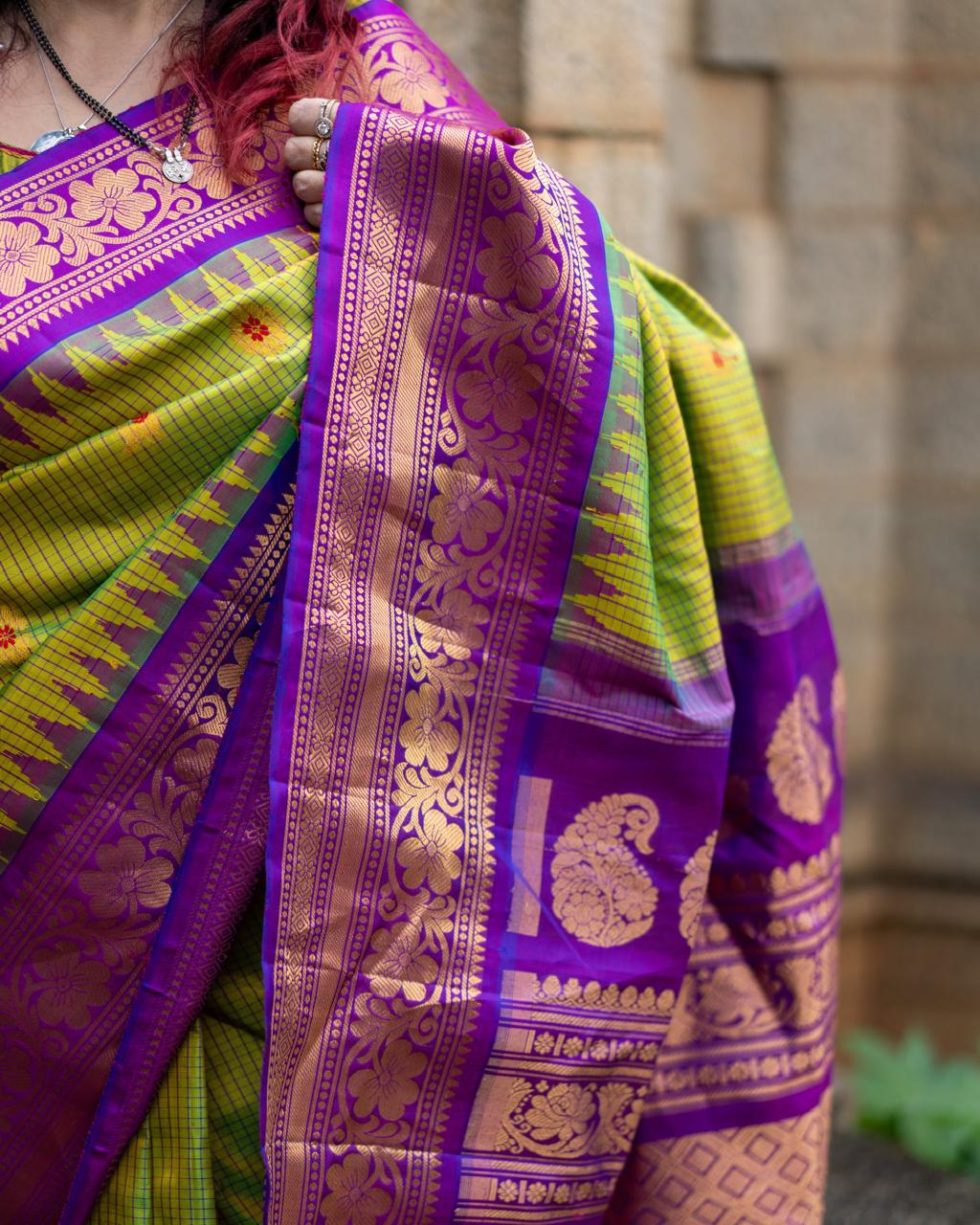 Neon Green Meenakari Gadwal Pure Silk Saree