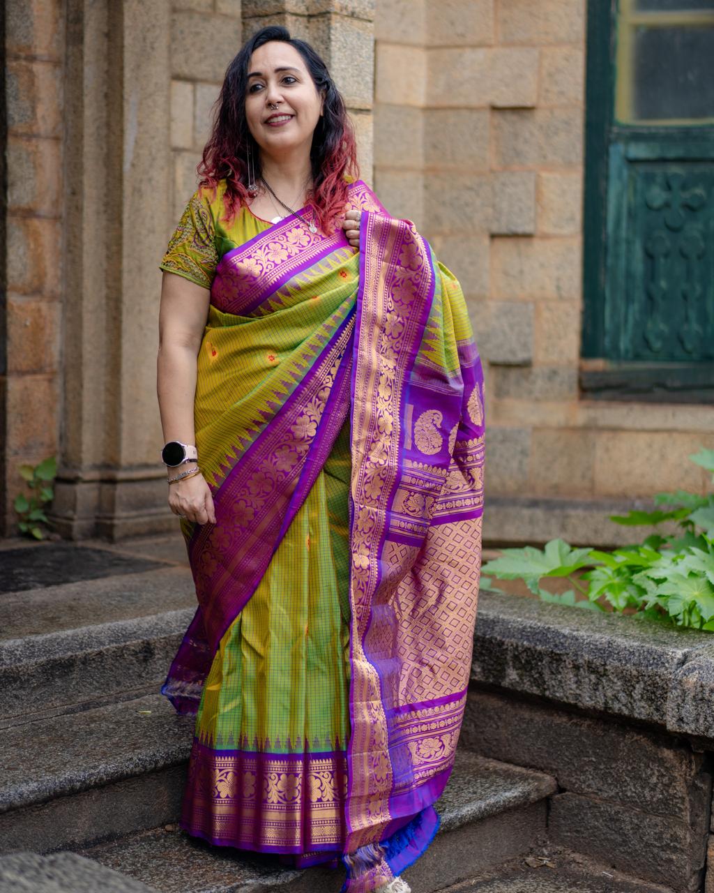 Neon Green Meenakari Gadwal Pure Silk Saree