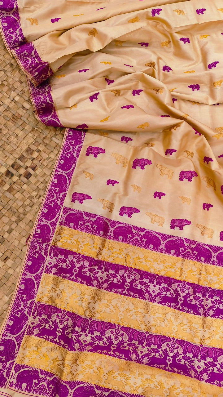 Exclusive Handcrafted Assam Pure Tussar Silk Kaziranga Rhino Motif Saree