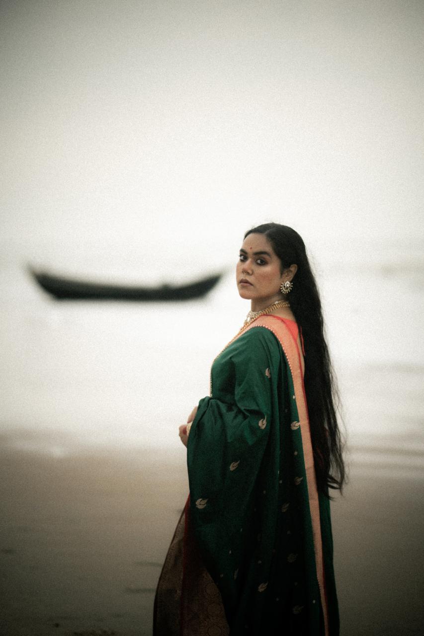 Pure Silk Banarasi Katan Saree in Green with Red Contrast