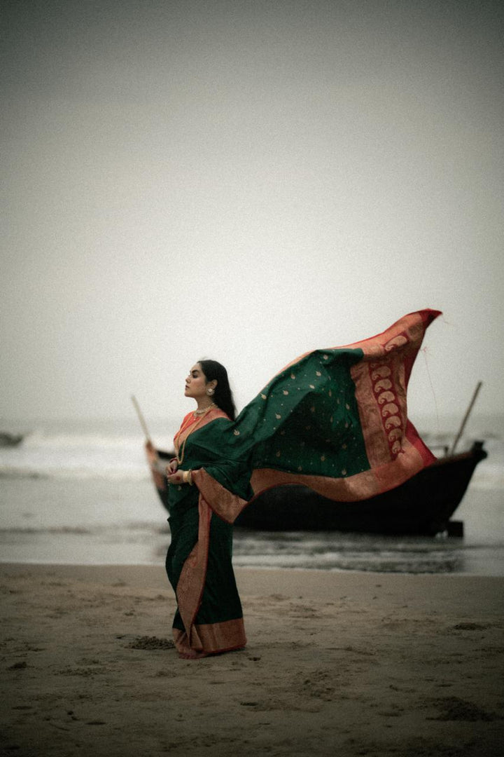 Pure Silk Banarasi Katan Saree in Green with Red Contrast